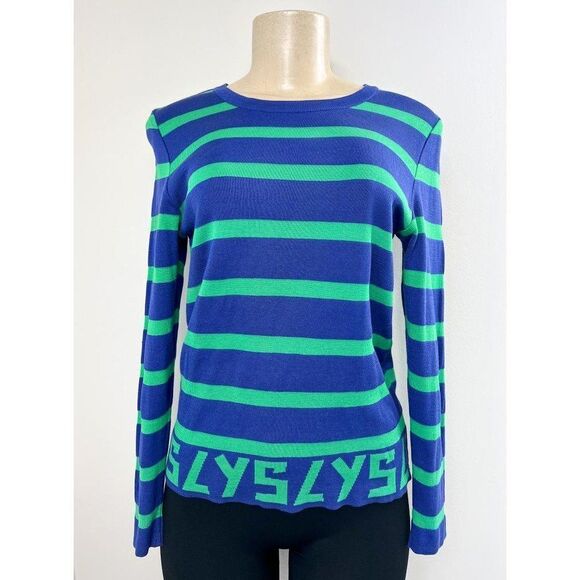 Rare Vintage YVES SAINT LAURENT Blue Green Striped 'YSL' Logo Sweatshirt… - Picture 4 of 12
